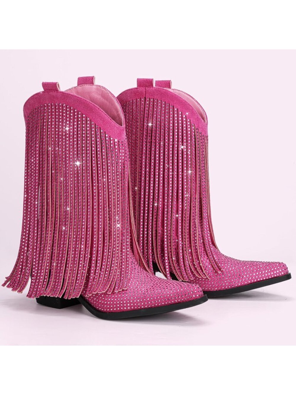 Women's Pink Cowgirl Mid Calf Star Studded Pointed Toe and Chunky Heel Boots - Picture 6 of 6